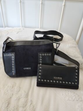 VINTAGE GUESS Black Suede & Leather Crossbody Bag with Matching Wallet